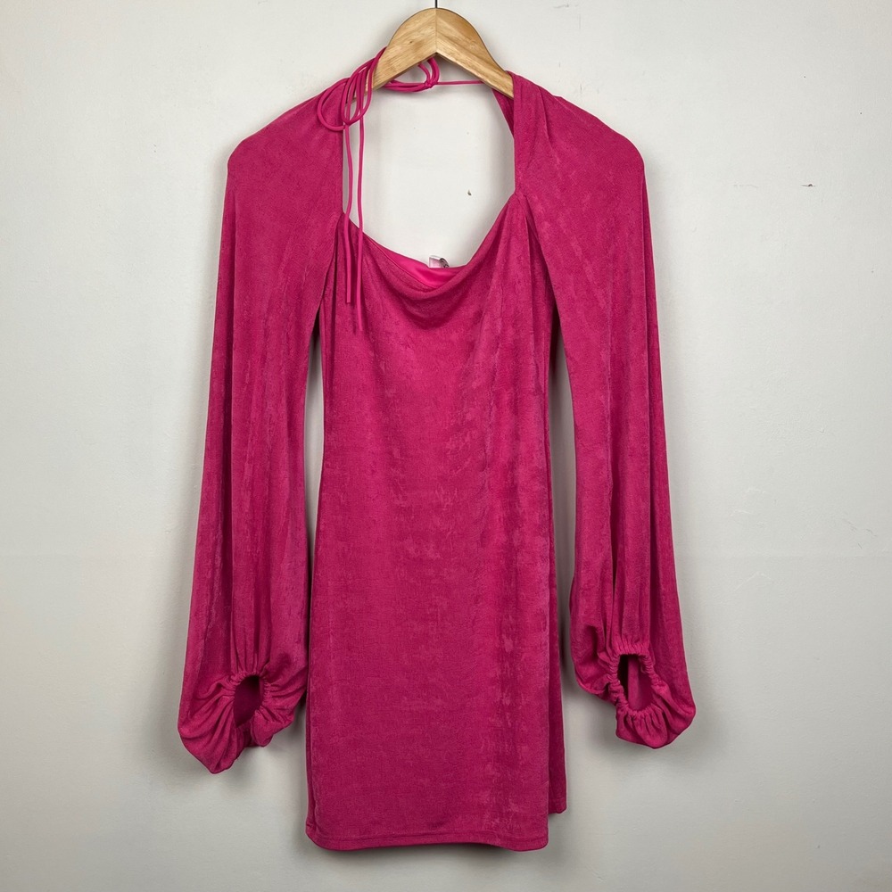 Lucy in the Sky Mini Dress S Pink Balloon Sleeve Coquette Festival Open Back